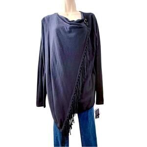 NWT INC Black Fringe Shawl Drape Front Top Long Sleeve Shoulder Buckle